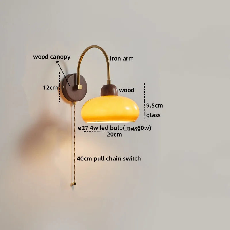 Axyaa Modern LED Wall Lamp Sconce Glass Wood Pull Chain Switch Stair Lights
