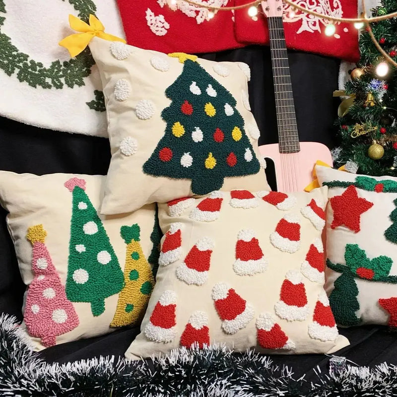 Axyaa Christmas Tree Circle Velvet Embroidery Linen Pillow Cover