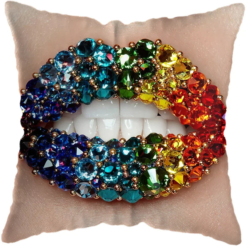 Pink Gold Lips Cushion Cover by Axyaa: Modern Nordic Diamond Painting Home Decor