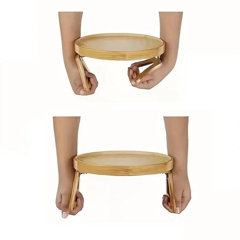 Axyaa Wooden Sofa Armrest Table: Foldable Round Snack Tray for Living Room