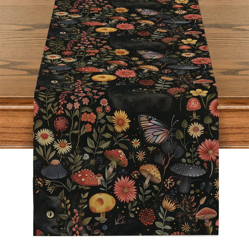 Axyaa Black Cats Butterflies Table Runner for Farmhouse Dining and Wedding Party