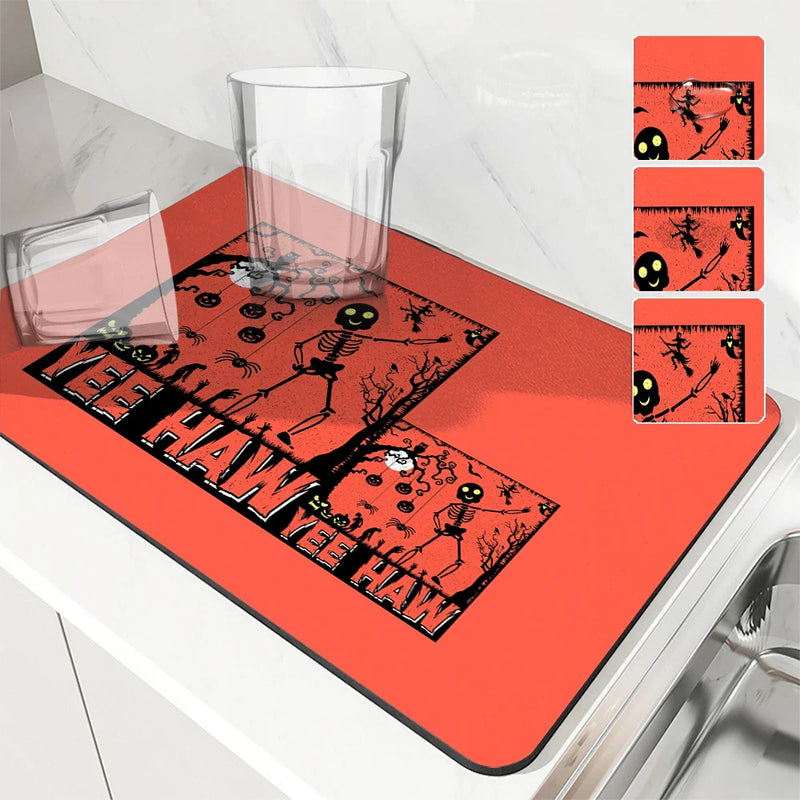 Axyaa Halloween Black Cat Skull Castle Kitchen Drying Mat