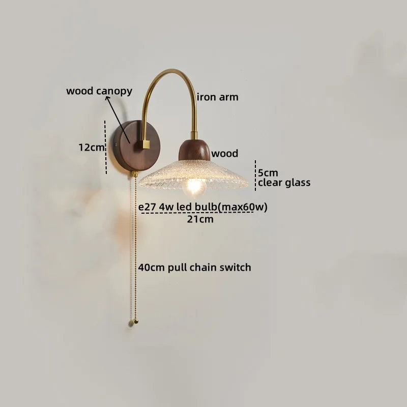 Axyaa Modern LED Wall Lamp Sconce Glass Wood Pull Chain Switch Stair Lights