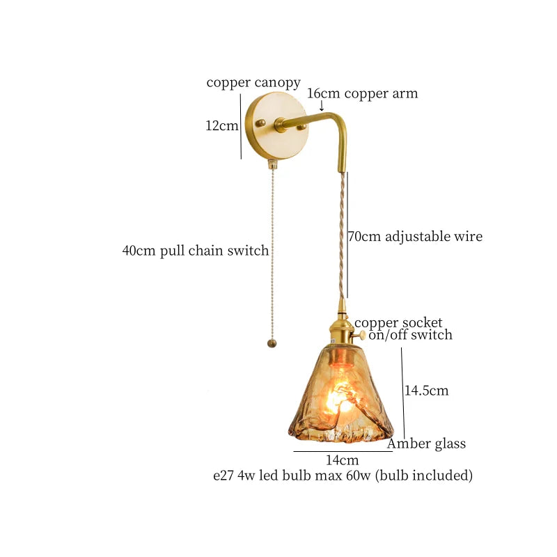 Axyaa Glass LED Wall Sconce Light Pull Chain Copper Applique Murale