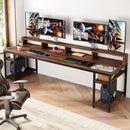 Axyaa Double Computer Desk with Monitor Stand, Storage Shelves | 78.74" Extra Long Work Table