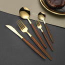 Axyaa Wood Grain Handle Gold Steak Knife and Fork Set