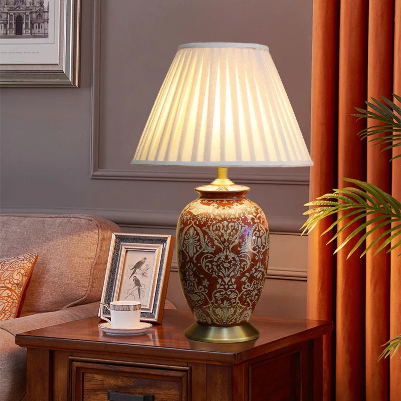 Axyaa Chinese Style Red Ceramic Table Lamp for Bedroom and Living Room