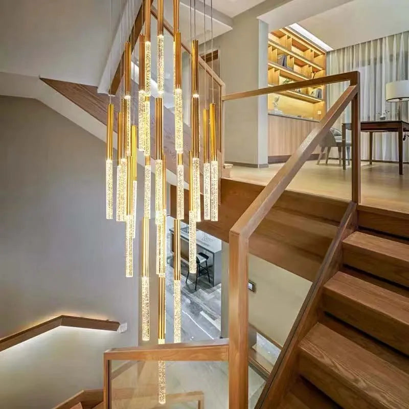 Axyaa Crystal LED Chandelier: Stylish Long Hanging Lamp for Staircase & Living Room