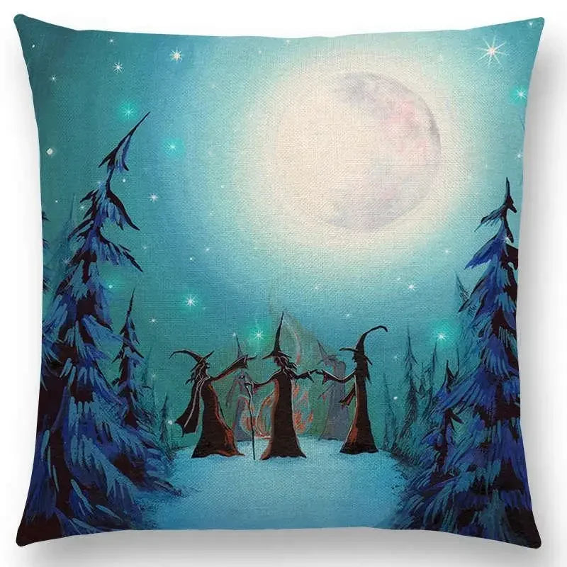 Cute Cat Moon Night Wonderland Witch Halloween Dance Pillow Cover by Axyaa