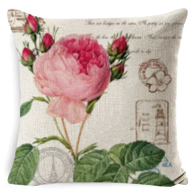 Axyaa Rose Print Cushion Cover 45*45cm Linen Decorative Pillowcase for Living Room
