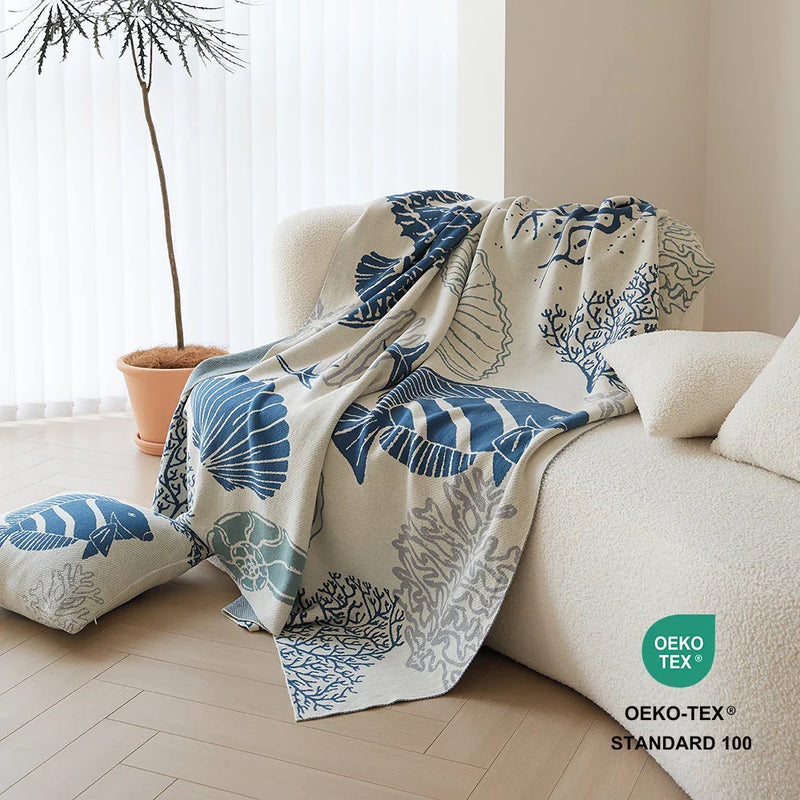 Axyaa Coastal Ocean Knit Throw Blanket - Sea Shell, Starfish Coral Design