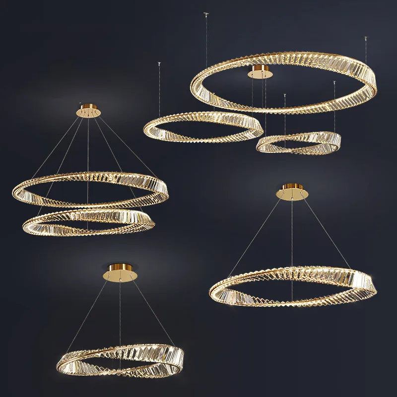 Luxury Gold Plated Steel Ring Pendant Light with Dimmable LEDs and K9 Crystals