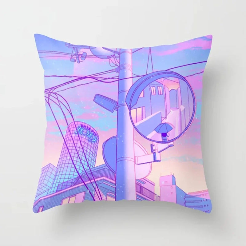 Pink Anime City Print Polyester Pillowcase 45x45cm for Bedroom Living Room by Axyaa.