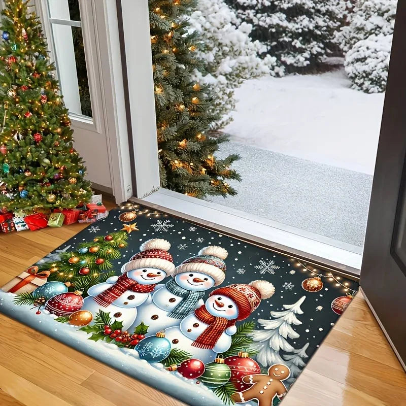 Axyaa Snowman Christmas Tree Welcome Mat — Non-Slip, Festive Design for Home & Kitchen