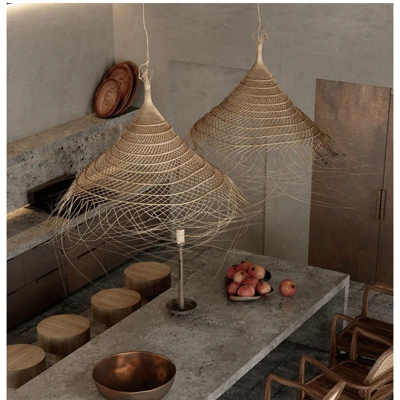 Axyaa Ratten E27 Led Pendant Light: Japan Style Metal Dining Room Hanging Lamp