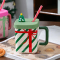 Axyaa 450ML Ceramic Santa Claus Mug With Lid & Straw - Couples Christmas Gift