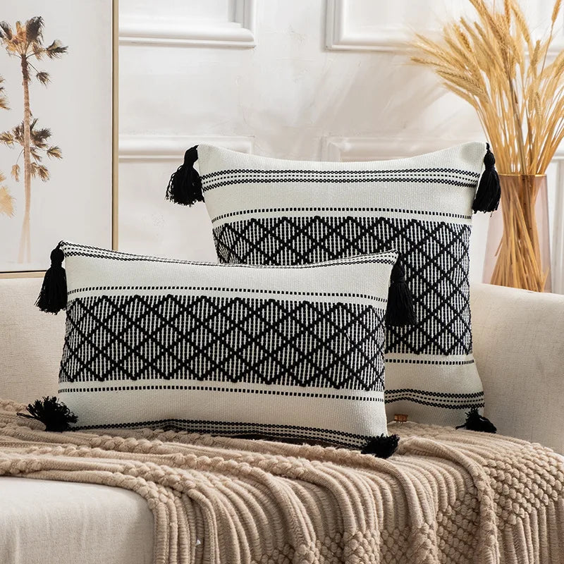 Axyaa Boho Diamond Jacquard Cushion Cover with Tassels for Home Decor