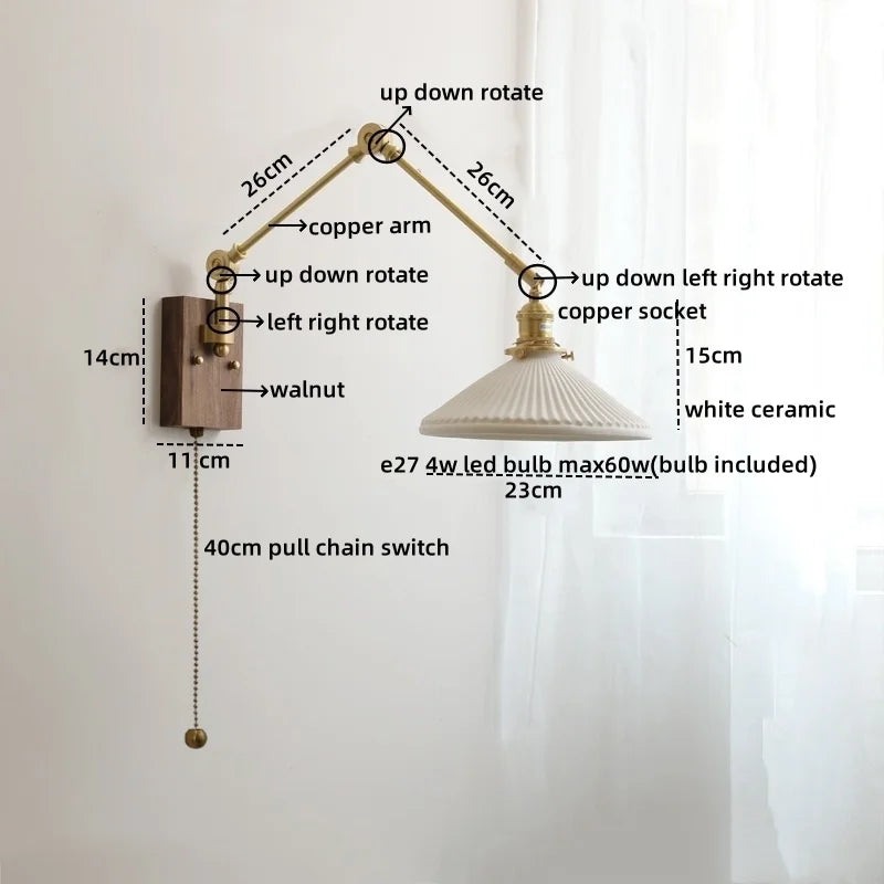 Axyaa Ceramic Copper Swing Arm LED Wall Light for Home Decor