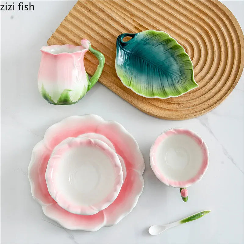 Axya Rose Ceramic Tea Set with Petaled Teapot and Butterfly Bud Cup