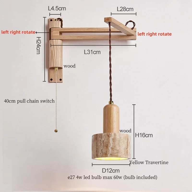 Axyaa Wood Stone LED Wall Lamp with Pull Switch, Stretching and Folding for Home Lighting