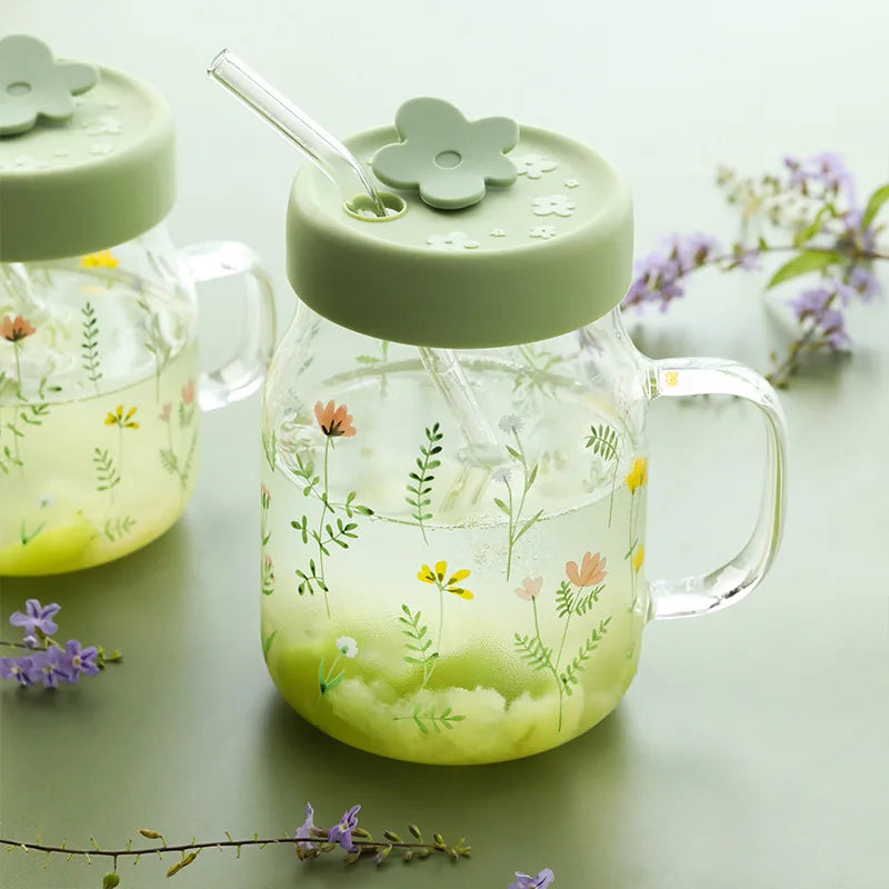 Axya Grass Pattern Glass Tumbler with Straw, Lid, and Graduated Heat-Resistant Cup