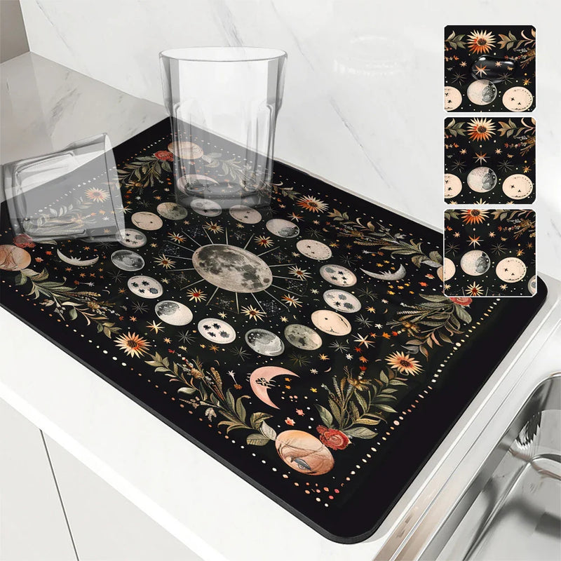 Axyaa Moonlit Flowers Draining Mat: Absorbent, Antiskid, Quick Dry and Super Draining