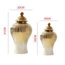 Axyaa Golden Stripes Ceramic Ginger Jar Vase with Lid - Handcrafted Porcelain Storage Tank