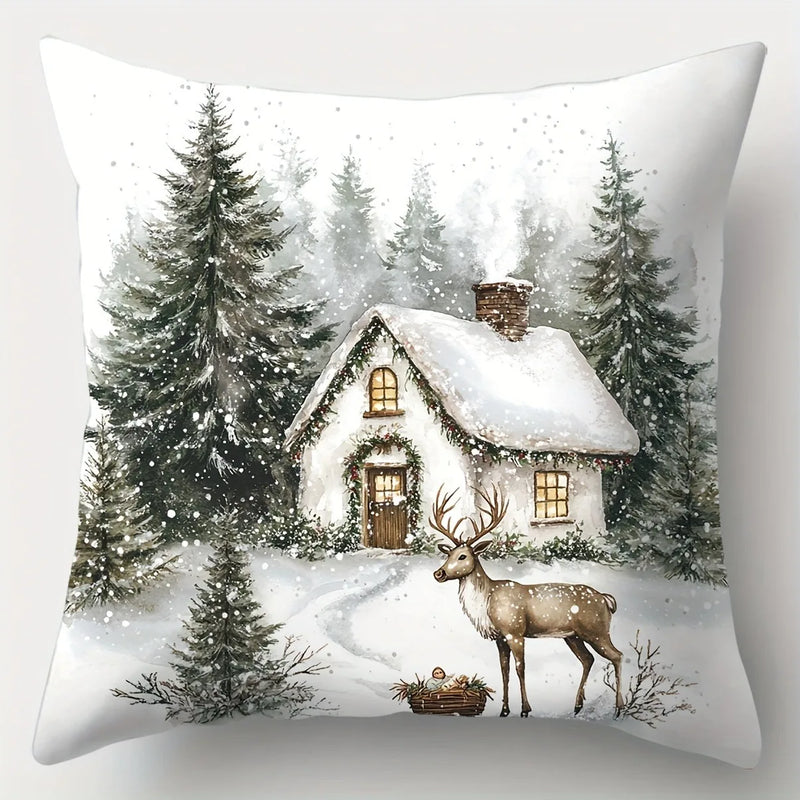 Axyaa Winter Snow Hut Pillow Cover, Festive Christmas Sofa Cushion Home Decor