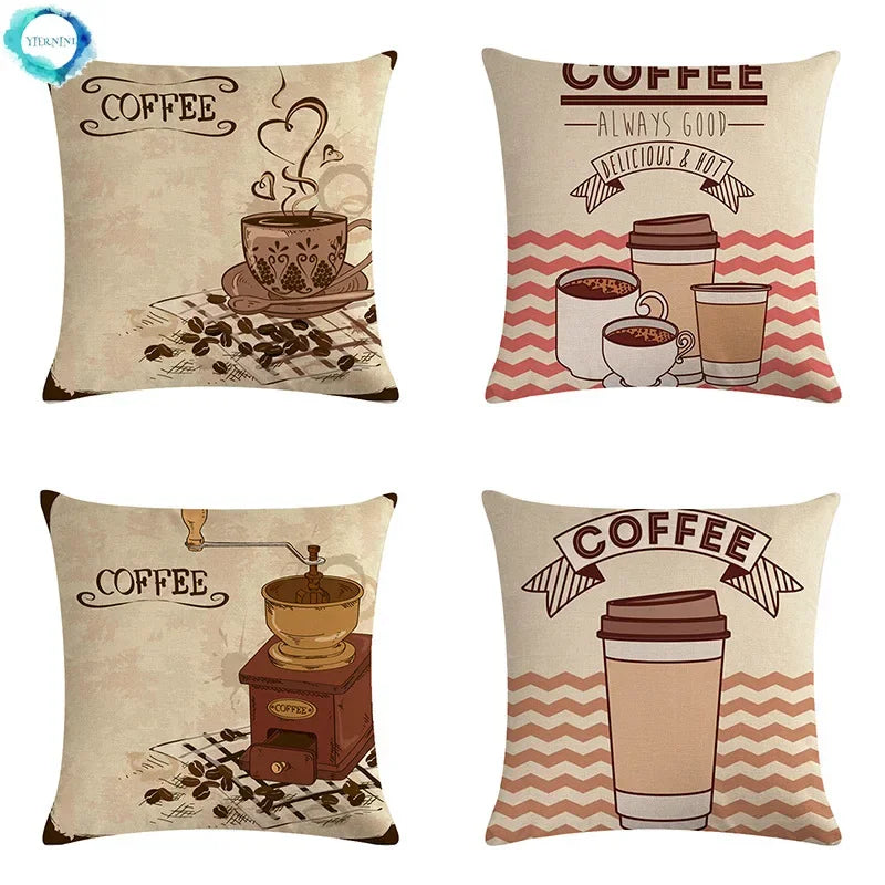 Axyaa Coffee Cup Print Linen Cushion Cover - 45x45CM Sofa Bed Decor