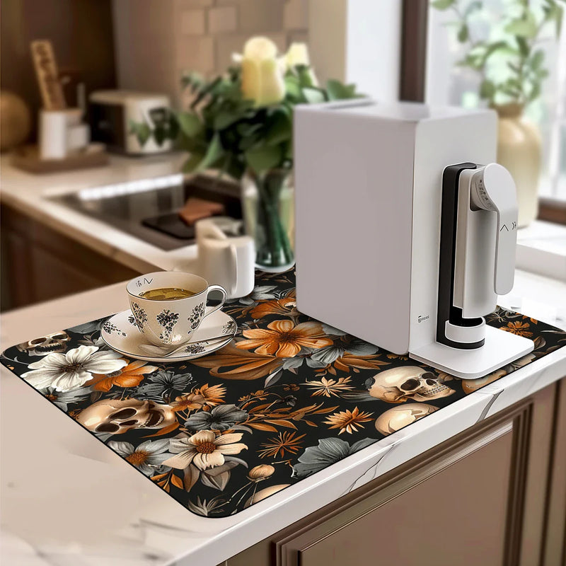Axyaa Halloween Flower Skull Drying Mat: Non-Slip Absorbent Kitchen Placemat