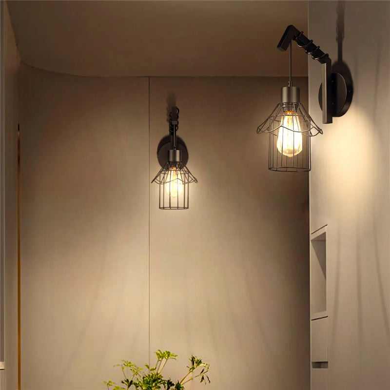 Retro Iron Wall Lamp Black Indoor Light Fixture for Bedroom by Axyaa