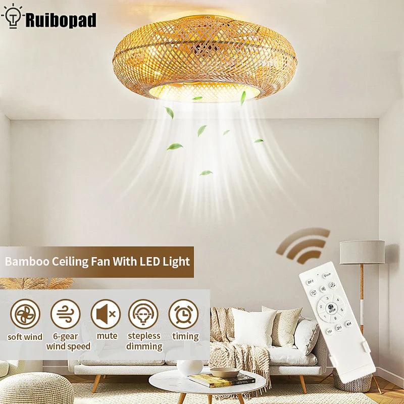 Axyaa Bamboo Ceiling Fan Light Control Rattan Cage Flush Mount with LED for Home