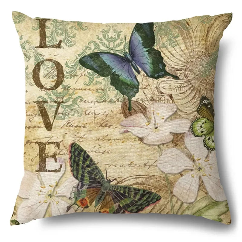 Axyaa Rose Butterfly Print Cotton Linen Pillowcase for Modern Living Room Decor