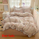 Axyaa Cream Lace Girl Powder Grid Korean Version Double-Layer Yarn 4-Piece Bed Set