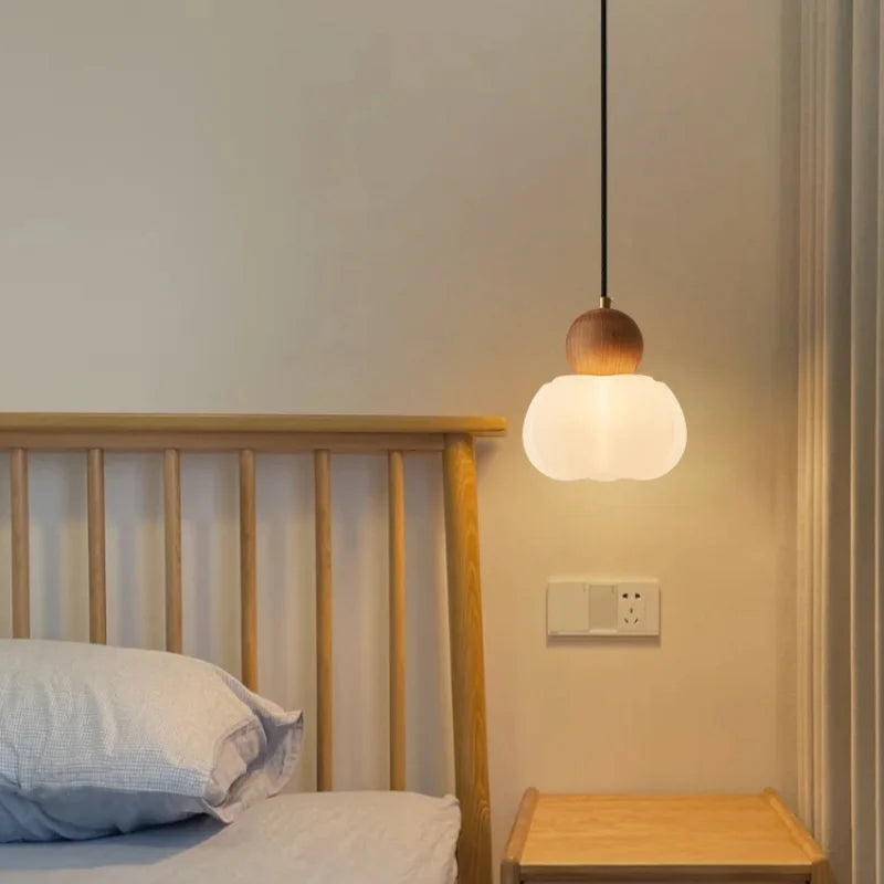 Axyaa Nordic LED Pendant Chandelier with White Lampshade and Wood Finish
