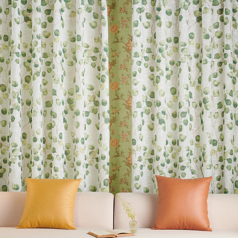 Green Leaves Printed Sheer Voile Curtains by Axyaa - 1 Pair