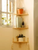 Axyaa Boho Wood Corner Shelf Display Stand Handmade Macrame Floating Shelves