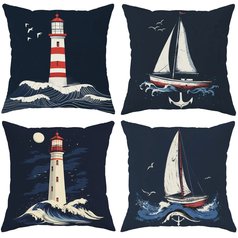 Nautical Coastal Velvet Pillow Covers Set - Lighthouse, Sailboat & Ocean Wave Designs