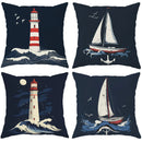 Coastal Velvet Pillow Covers Set - Lighthouse, Sailboat, Ocean Wave Designs | Navy, Red, White