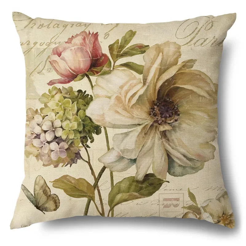 Axyaa Rose Butterfly Print Cotton Linen Pillowcase for Modern Living Room Decor