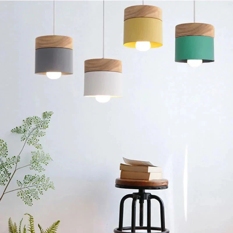 Axyaa Nordic Macaron Pendant Light: Modern E27 Hanging Lamp with Wood and Iron Accents