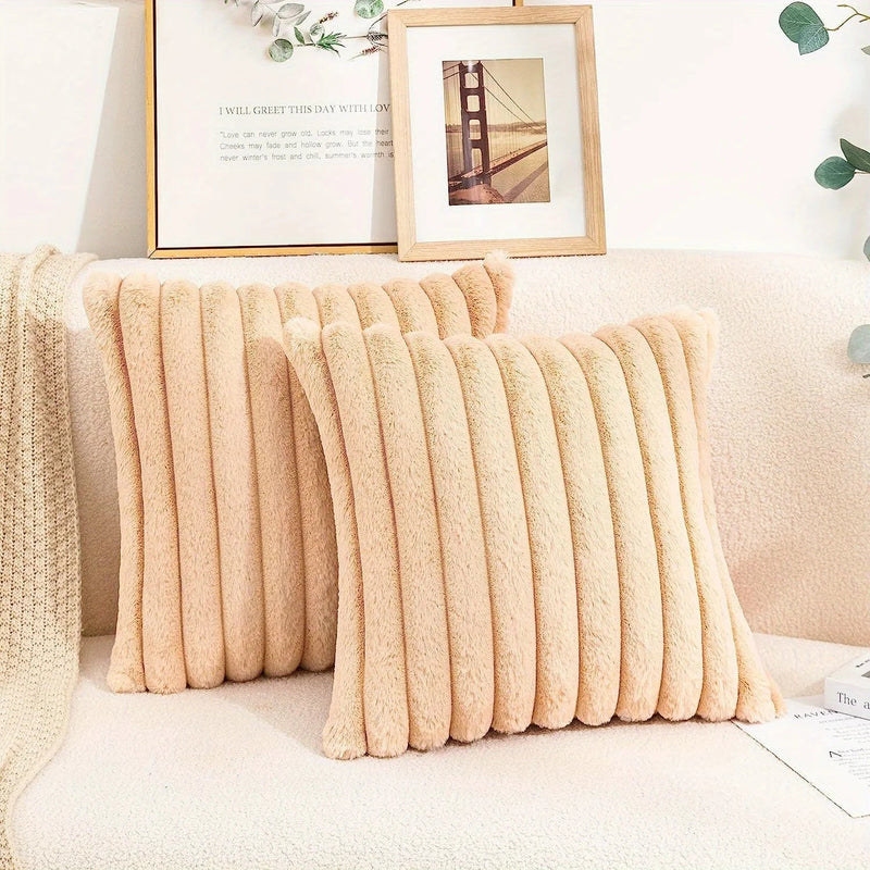 Axyaa Pink Striped Faux Fur Cushion Cover 18x18in for Home Decor