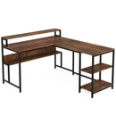 Axyaa 59" L-Shaped Desk with Monitor Stand & Storage Shelves, Rustic Brown