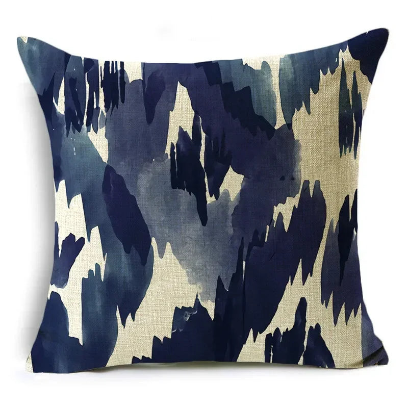 Axyaa Blue Texture Print Linen Cushion Case for Living Room Sofa - 40cm/45cm/50cm
