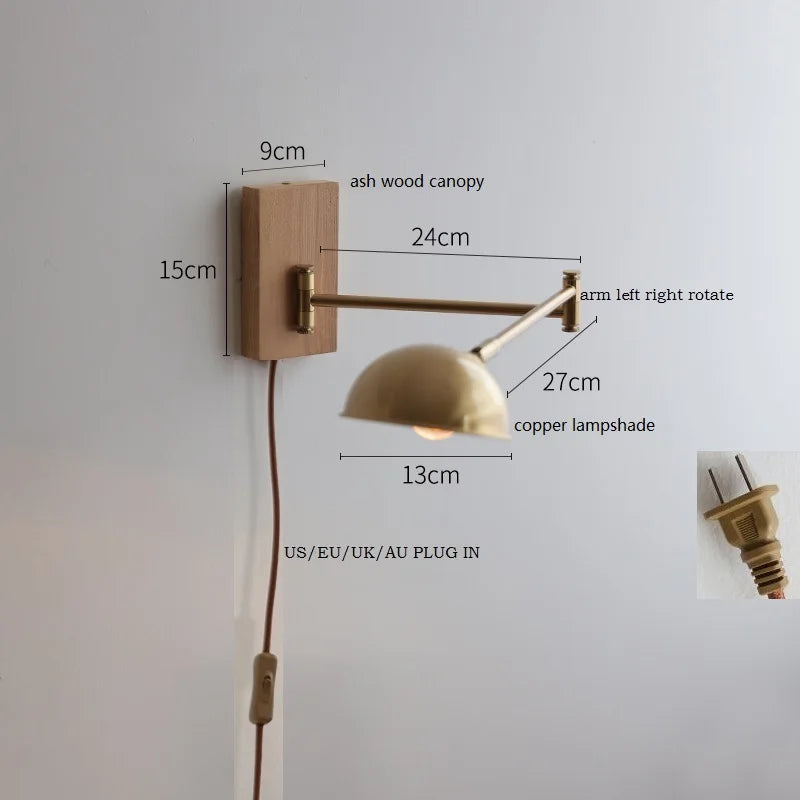 Axyaa Walnut Ash Wood Canopy LED Wall Sconce with Pull Chain Switch