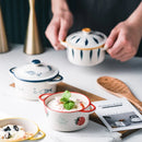 Axyaa Double Ear Ceramic Bowl with Lid for Kids and Food Storage