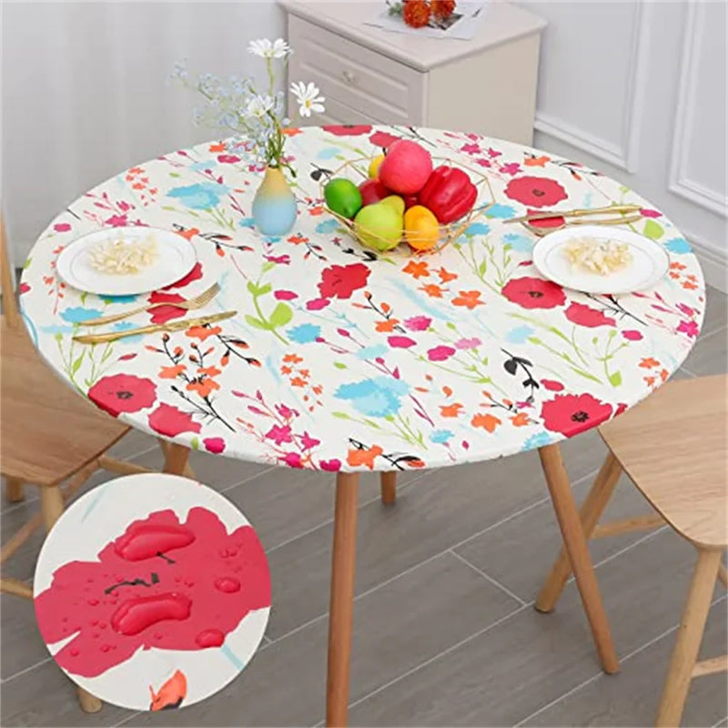 Axyaa Waterproof Elastic Round Tablecloth with Flannel Backing - Dining Table Cover