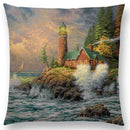 Axyaa Rustic Landscape Castle Lighthouse Oil Painting Cushion Cover