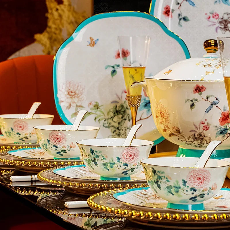 Axya European Luxury Bone Dinnerware Set: Bowls, Plates, Dishes, Spoons, Chopsticks.