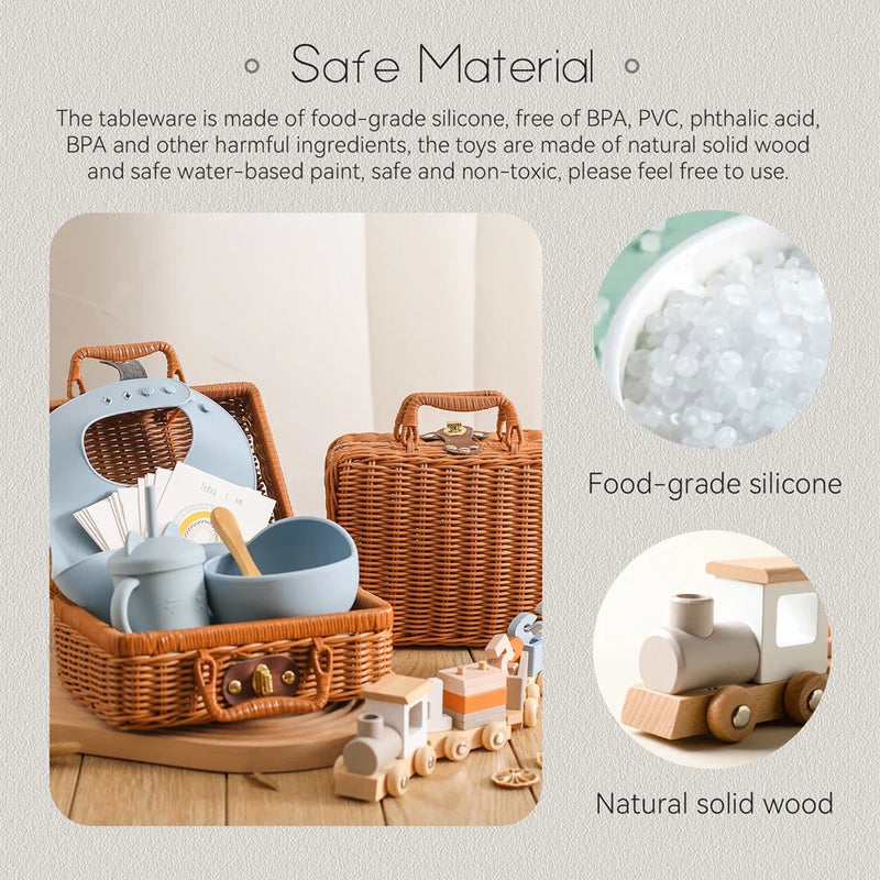 Axya Newborn Vintage Gift Box Set: Feeding Bowl, Spoon, Bib, Cup, Wooden Train Toy, Photography Prop